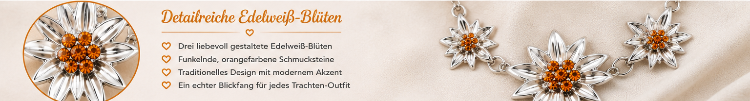 Detail der drei silberfarbenen Edelweiß Blüten mit orangefarbenen Schmucksteinen